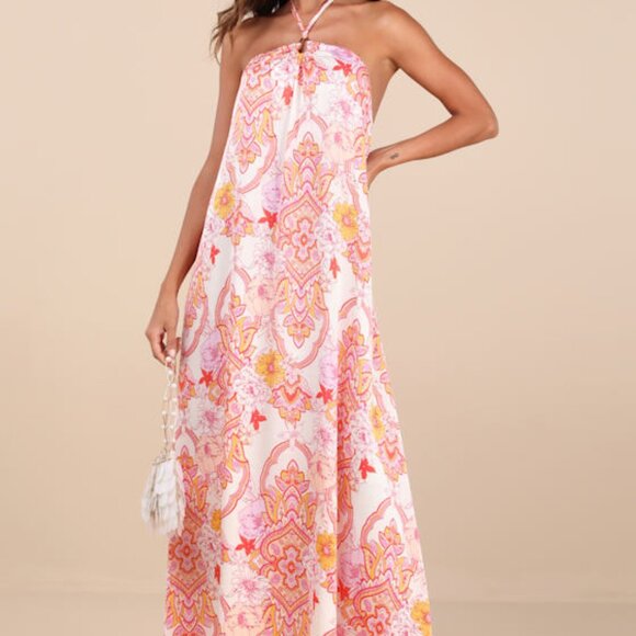 Lulus Nikoletta Coral Pink Multi Paisley Print Halter Maxi Dress - Size XS - Picture 1 of 1
